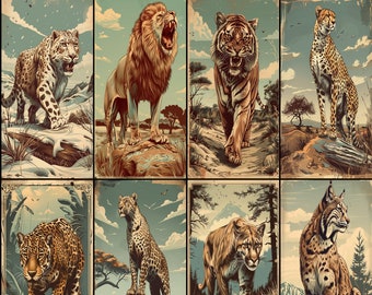 8 PCS Vintage Big Cats Poster Pack, Printable up to A1 size, Perfect for kids room, Digital art, Digital download, Printable