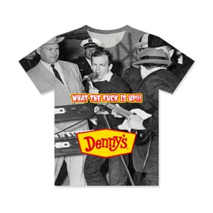 May include: A black and white photo of a man playing a guitar with the text "WHAT THE FUCK IS UP!!!" and the Denny's logo in yellow and red.