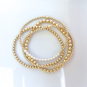 14k Gold Filled Beaded Stack • Dainty Stackable Bracelets • Customizable Gifts for Girls, Teens, Bridesmaids • Four Gold Bracelet Stack