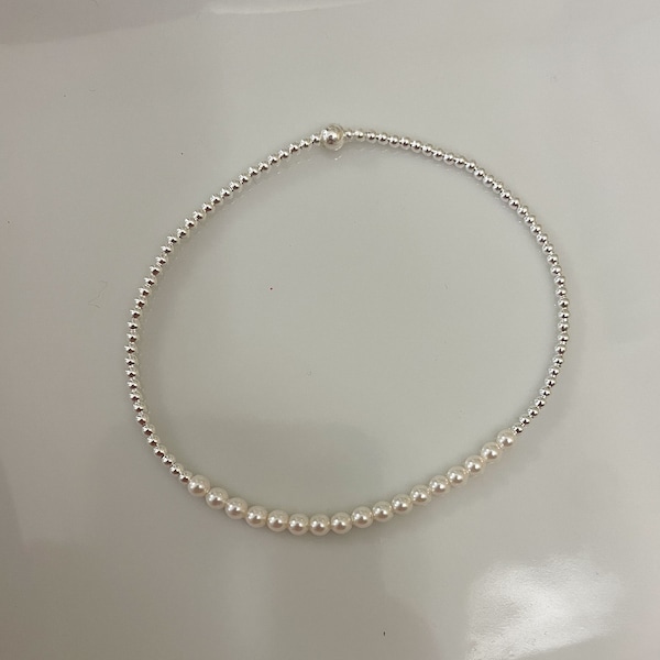 2mm 14k Sterling Silver and Pearl Beaded Bracelet •  Dainty Stackable Bracelets • Customizable Gifts for Women, Girls, Teens, Bridesmaids