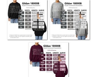 May include: A size chart for Gildan 18000B youth crewneck sweatshirts. The chart shows the width, length, and sleeve length in inches for sizes XS, SM, MED, LG, and XL.
