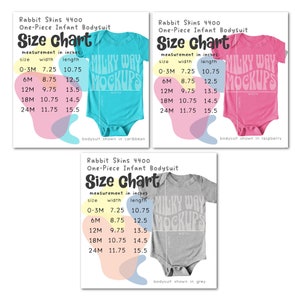 May include: Size chart for a one-piece infant bodysuit in three colors: caribbean blue, raspberry pink, and grey. The chart shows the size, width in inches, and length in inches for sizes 0-3M, 6M, 12M, 18M, and 24M.