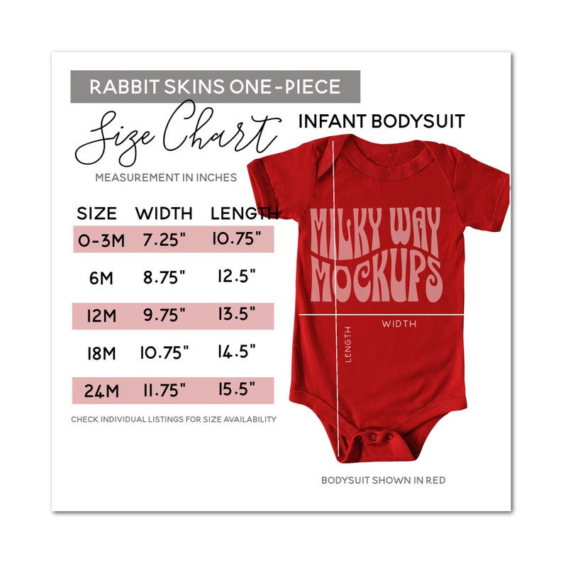 Rabbit Skins 4400 Sizing Chart, Infant Bodysuit Mockup, Sizing Charts
