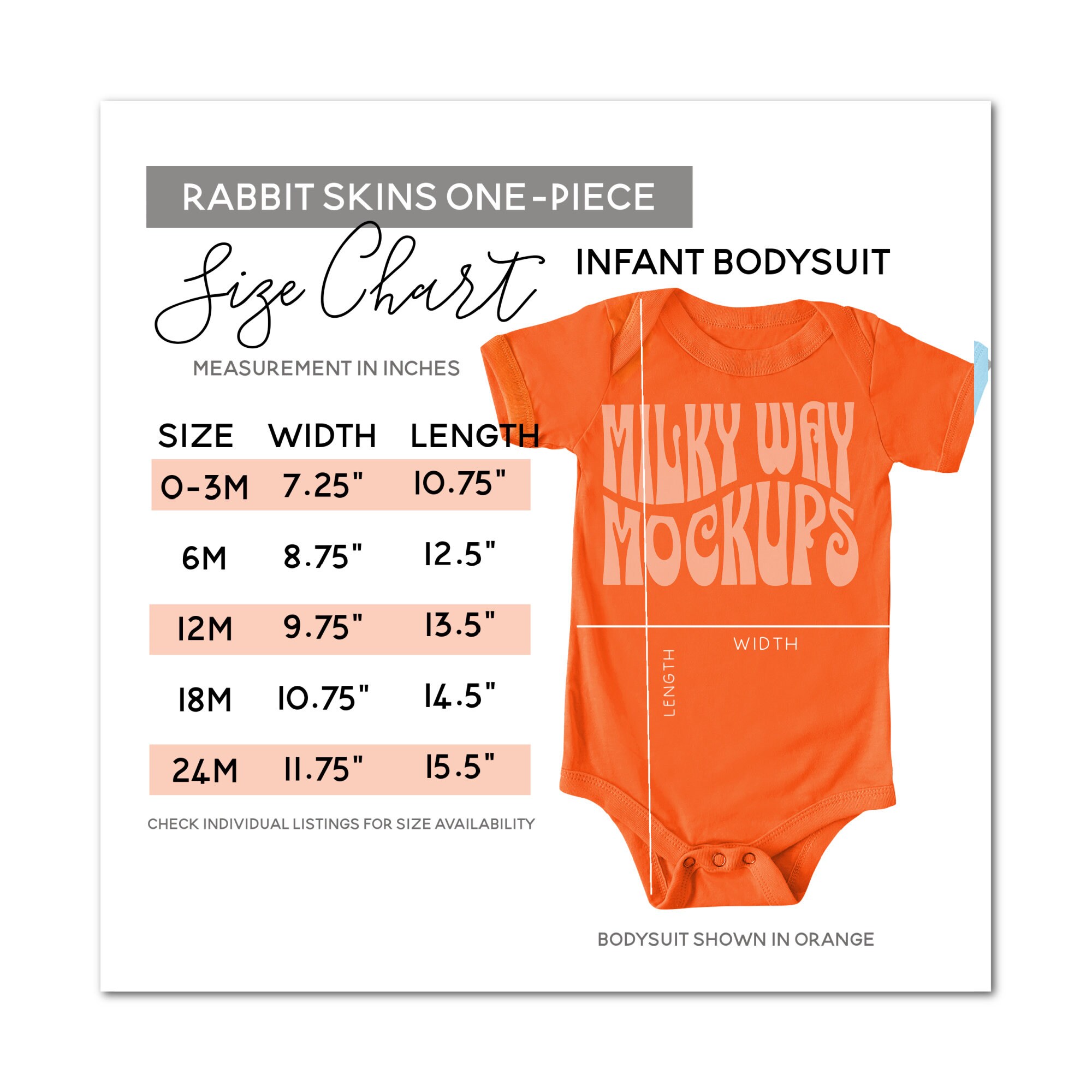 Rabbit Skins 4400 Sizing Chart, Infant Bodysuit Mockup, Sizing Charts