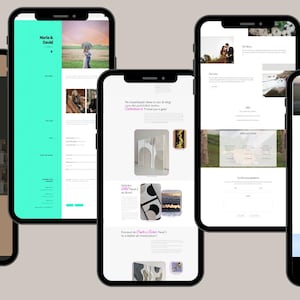 May include: Five smartphones displaying website designs. The screens showcase various layouts with images, text, and color schemes. One phone displays a website with the text "Maria & David" at the top. The phones are arranged against a neutral background.
