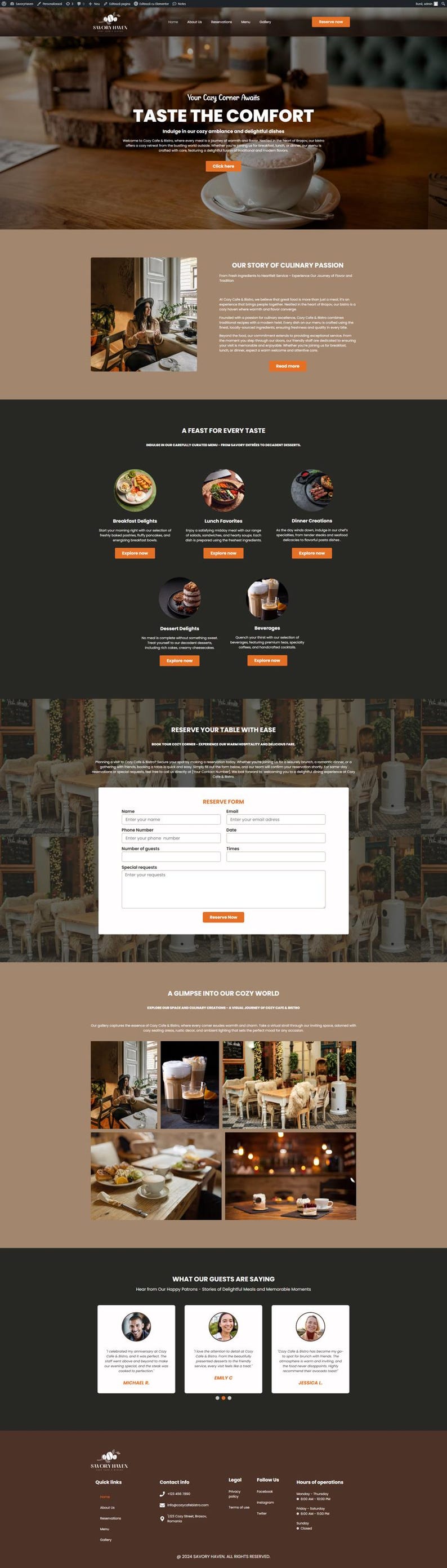 May include: A website for a cozy cafe and bistro called Savory Haven. The website features images of the cafe's interior and exterior, as well as its menu and reservation form. The website also includes testimonials from satisfied customers.