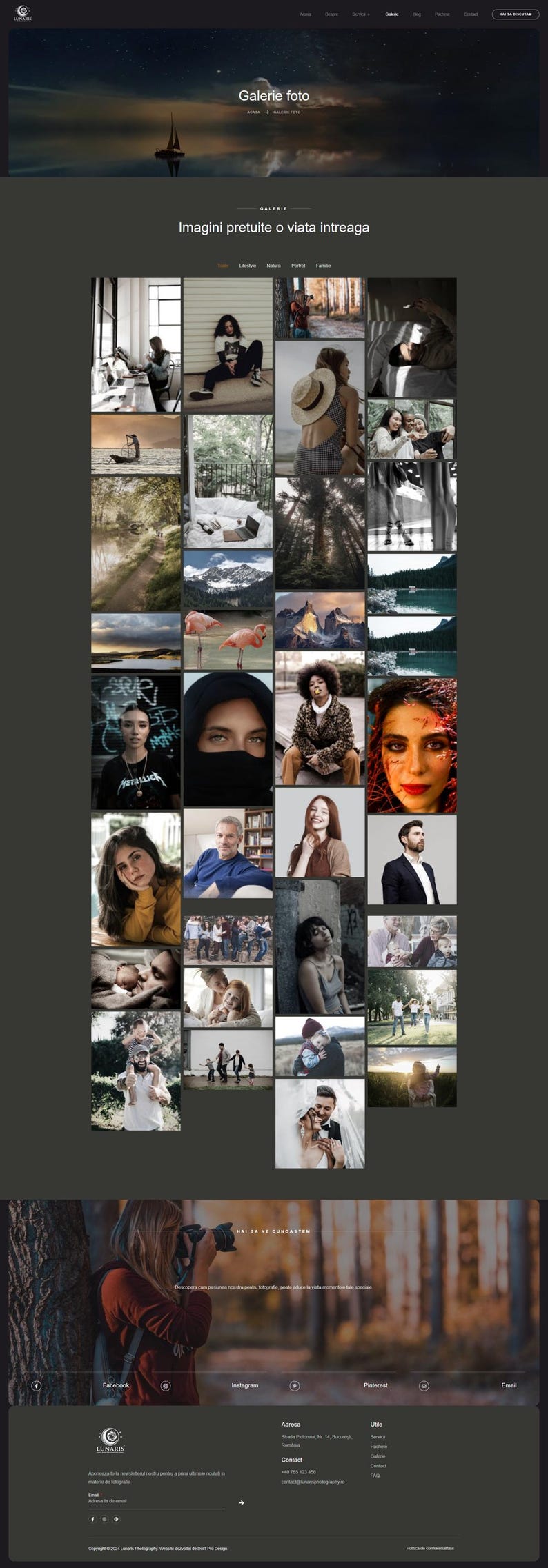 May include: A website for a photography business called "Lunar Photography." The website features a gallery of images, a contact form, and information about the photographer's services. The website is designed in a dark color scheme with a modern aesthetic.