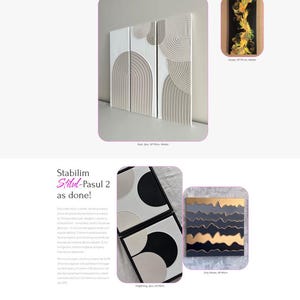 May include: Website homepage for a company that creates custom paintings. The website features images of various paintings, including abstract, geometric, and textured styles. The website also includes text in Romanian, which translates to "Cum Cream & Valori" (How We Create & Values).