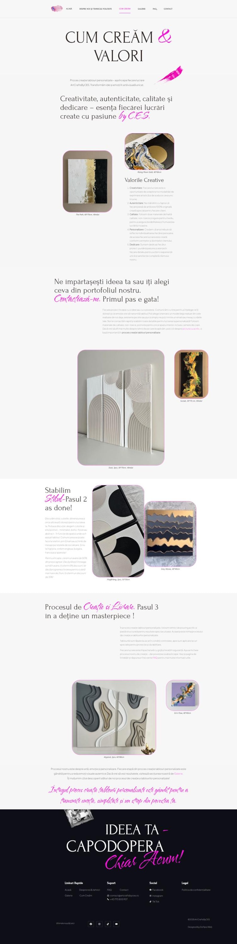 May include: Website homepage for a company that creates custom paintings. The website features images of various paintings, including abstract, geometric, and textured styles. The website also includes text in Romanian, which translates to "Cum Cream & Valori" (How We Create & Values).