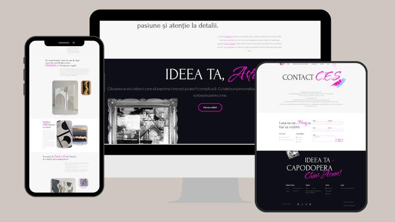 May include: A website screenshot showing a black and white image of a building with a gold frame. The website text reads "IDEEA TA, At" and "CONTACT CES".