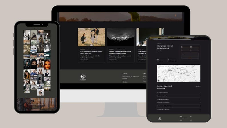 May include: A dark website design with a black background and white text. The website features a grid of images, a map, and a contact form. The website is for a photography business.