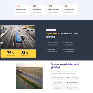 May include: Website homepage for E.M.C., a company that connects professional truck drivers with employers. The website features a blue and white color scheme with images of trucks on the road. The text on the website is in Romanian.