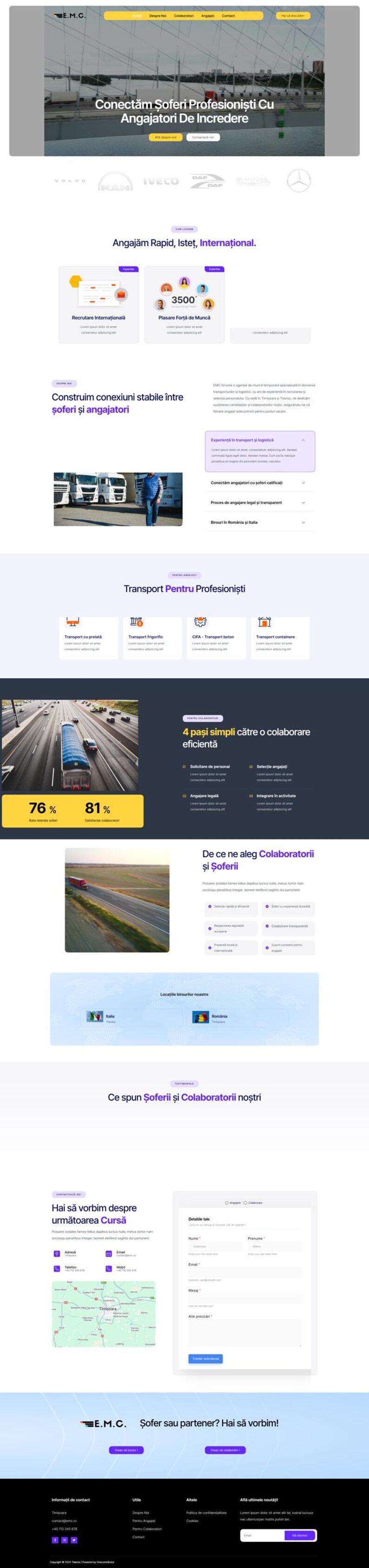 May include: Website homepage for E.M.C., a company that connects professional truck drivers with employers. The website features a blue and white color scheme with images of trucks on the road. The text on the website is in Romanian.