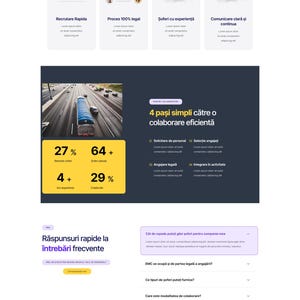 May include: A website for a company that recruits truck drivers. The website features a photo of a truck on a highway, statistics about the company's success, and a section with frequently asked questions. The website is in Romanian.