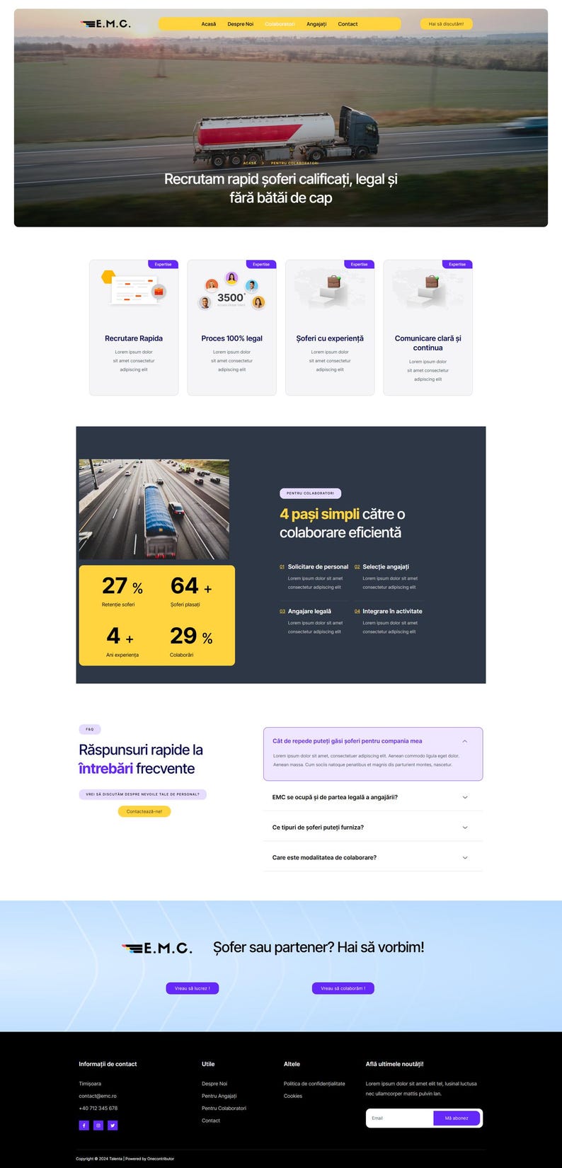 May include: A website for a company that recruits truck drivers. The website features a photo of a truck on a highway, statistics about the company's success, and a section with frequently asked questions. The website is in Romanian.
