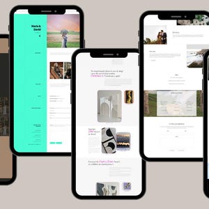 May include: Four different mobile phone screens displaying website designs. The first screen shows a website for a restaurant with a dark background and images of food. The second screen shows a website for a wedding photographer with a light blue background and images of a couple. The third screen shows a website for a design studio with a white background and images of furniture. The fourth screen shows a website for a transportation company with a dark background and images of trucks.
