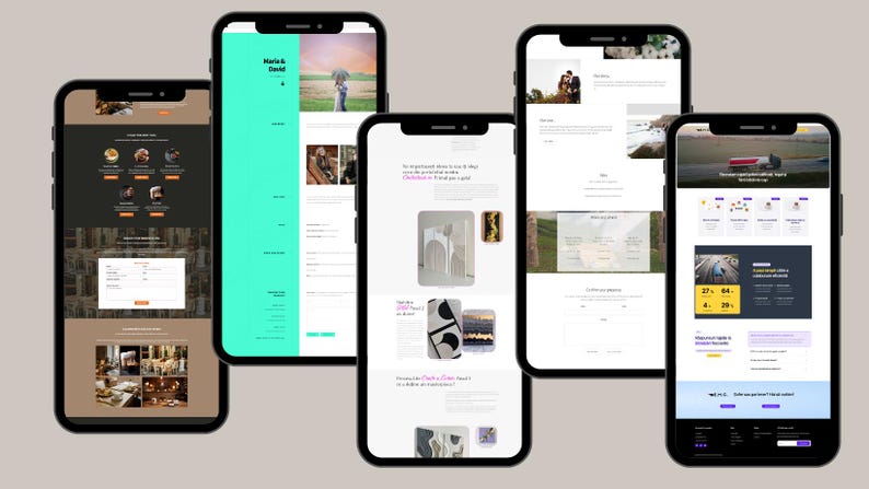 May include: Four different mobile phone screens displaying website designs. The first screen shows a website for a restaurant with a dark background and images of food. The second screen shows a website for a wedding photographer with a light blue background and images of a couple. The third screen shows a website for a design studio with a white background and images of furniture. The fourth screen shows a website for a transportation company with a dark background and images of trucks.