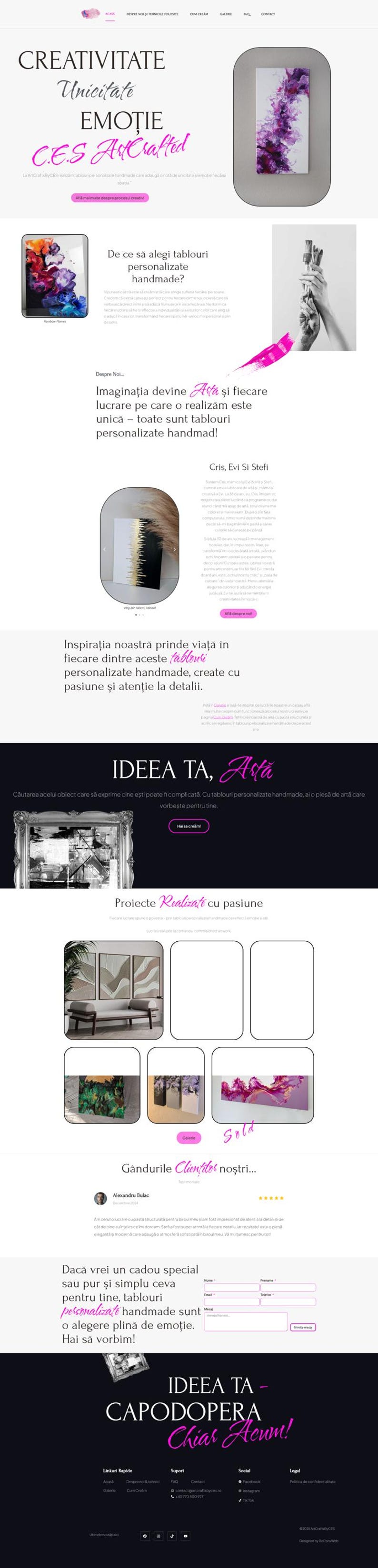 May include: Website homepage for a company that creates custom, handmade paintings. The website features images of abstract paintings, a description of the company's mission, and a call to action to create your own artwork. The text on the website is in Romanian.