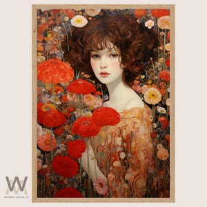 グスタフ・クリムトにインスパイアされたウォールアート、ロマンチックな女性の肖像画のウォールアート、アールヌーボーの花のデジタルプリント、花畑アート、ソフトな女性アート