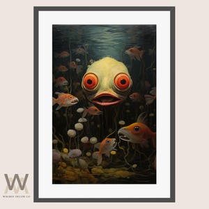 Surrealist art prints, Dark fantasy artwork, Dystopian Wall Art, Strange Fish Art, Dark Academia, Strange Weird Digital Art, Weird Portrait