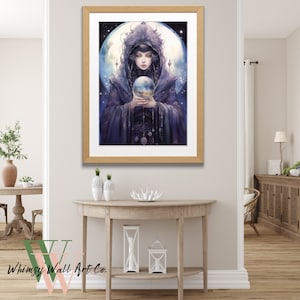 Arte de mujer mística, adivina, arte con bola de cristal, mujer psíquica, arte esotérico, impresión digital de adivina, mujer con bola de cristal