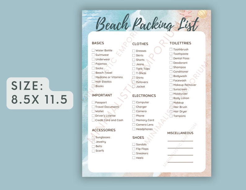BEACH PACKING LIST Vacation Packing List Editable Template Travel