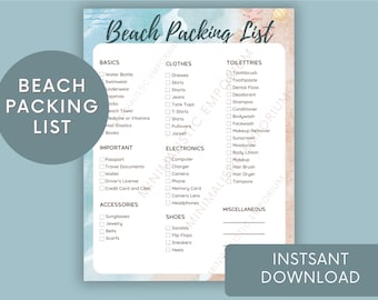 LISTA DE EMBALAJE DE PLAYA, Lista de embalaje de vacaciones, Plantilla editable, Lista de embalaje de viaje, Plantilla de lista de verificación