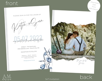 Something Blue Wedding Invitation Digital Canva Template for Whimsical Blue Floral Wedding, Edit/Print with Canva