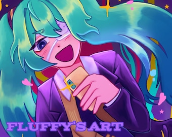 May include: A digital illustration of a character with long teal hair in twin tails, wearing a dark purple blazer over a white shirt. The character holds a tan smartphone and has a white bandage over one eye. Text reads FLUFFY'S ART COMMISSIONS.