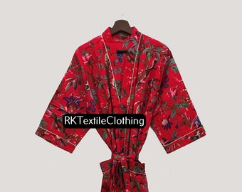 ird Print Red Cotton Kimono Robe, Bath Robe Kimono, Unisex Kimono Robe, Bathrobe Cardigan Nightwear, Dressing Gown, Beach Cover Up