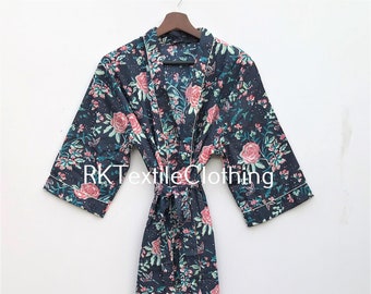Vestaglia kimono in cotone con stampa floreale, vestaglia da damigella d'onore con stampa a blocchi, biancheria da notte estiva, taglia unica