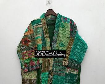 Vintage Handmade Patchwork Silk Kantha Jacket Kimono, Hand-Stitched Bohemian, Long Coat, Night Wear, Quilted Winter Jacket Robe