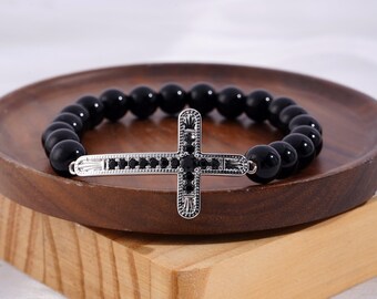 Bracelet croix en pierre naturelle, Bracelet croix pour homme, Bracelet croix en pierre, Onyx noir, Bracelet foi, Bracelet croix en cristal