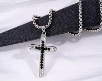 Collier croix pour homme, chaîne et croix de tennis noires, collier pendentif croix en pierre CZ, collier chrétien, religieux catholique, cadeau fête des pères