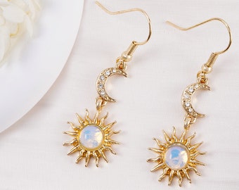 Celestial Crystal Sun Dangle Earrings, Moonstone Earring, Boho Sun and Moon Earrings, Celestial Earrings, Bohemian Earrings, Opal Earrings