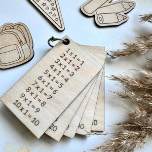 Könnte beinhalten: Multiplikationskarten aus Holz an einem Metallring, die Multiplikationsfakten von 1x1 bis 10x1 anzeigen. Das Bild enthält auch Holzausschnitte eines Rucksacks, Bleistifte und eine Schultüte. Die Karten sind aus hellem Holz gefertigt.