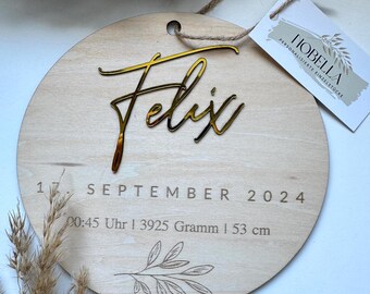 Personalized birth date wooden disc – Baby name plate – Gift for birth & baptism – Baby room decoration