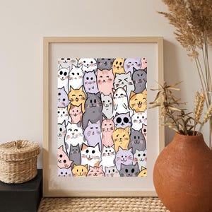Cute Cat Pattern Digital Download - Seamless Kawaii Cat Illustration - Printable Cat Wall Art - Instant Download for Sublimation, Stickers