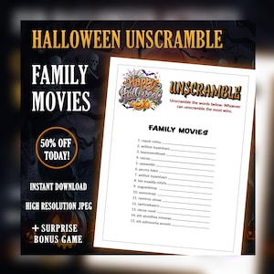 Halloween Movie Unscramble Game: Printable Party Word Puzzle (PDF Download)