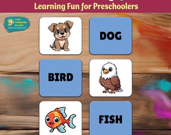 Juego de emparejamiento de animales imprimible: actividad divertida de aprendizaje de vocabulario y memoria para preescolares de Tiny Thinkers