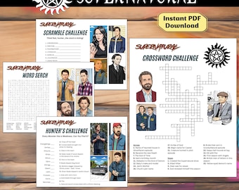 Paquete de juegos para fans de Supernatural: Crucigrama, Sopa de letras, Juego de palabras revueltas, Desafío del cazador (PDF digital)