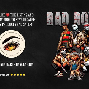 Bad Boys of Horror Halloween PNG promotional graphic on a black background. Text reads: ‘Please like this listing and follow my shop to stay updated on new products and sales!’ Inimitable Images logo with illustrated eye shown below. Website www.inimitableimages.com displayed along with five-star reviews. On the right, Jason Voorhees, Pennywise, Michael Myers, Freddy Krueger, and Chucky appear in urban streetwear under bold blood-splattered text that says ‘Bad Boys.’