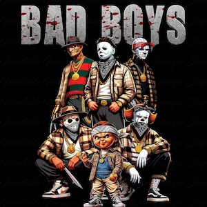Könnte beinhalten: Digitale Illustration von Horrorfilm-Charakteren in Hip-Hop-Kleidung, mit dem Text "BAD BOYS". Das Bild zeigt Freddy Krueger, Michael Myers und andere, vor einem schwarzen Hintergrund, mit einem verwitterten Schrifteffekt.
