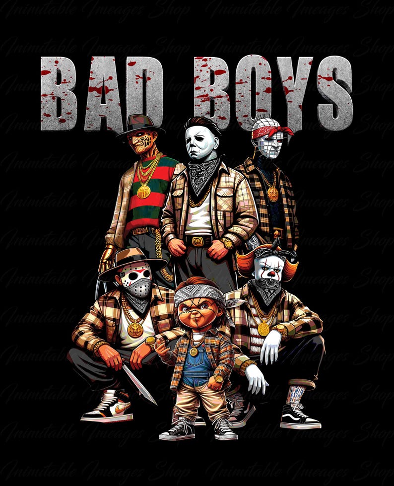 Halloween horror PNG design featuring Freddy Krueger, Michael Myers, Pinhead, Jason Voorhees, Pennywise, and Chucky dressed in brown plaid streetwear with bandanas, sneakers, and gold chains. The group is shown in full color under bold gray blood-splattered text that reads ‘Bad Boys.’ Inimitable Images Shop watermark in the background.