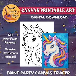Puede incluir: Una descarga digital de arte imprimible en lienzo con una pintura de unicornio colorida en un pequeño caballete. El unicornio tiene una cara blanca, un cuerno dorado y una melena arcoíris. La imagen también incluye un dibujo lineal en blanco y negro del unicornio. El texto incluye "Paint Party Magic" y "Canvas Printable Art".