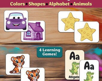 Paquete de aprendizaje preescolar imprimible: 4 juegos de combinación para niños pequeños: colores, formas, alfabeto y animales