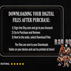 Bad Boys of Horror Halloween PNG mockup with digital download instructions on a black background. Text reads: ‘Downloading Your Digital Files After Purchase: 1) Sign into Etsy.com and go to your Account, 2) Go to Purchase and Reviews, 3) Next to the order, select Download Files. The files are sent to your Downloads folder on your device and can be printed at home!’ Five-star rating shown at the bottom with the Bad Boys of Horror characters in streetwear on the right.
