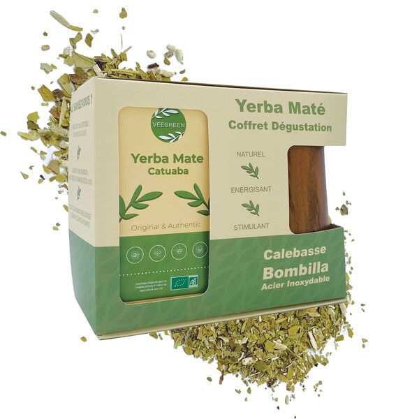 Coffret dégustation Yerba mate catuaba biologique + Calebasse & Bombilla, maté origine Paraguay, énergie, vitalité, bien être naturel, bio.