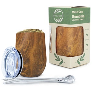 MATE CUP wood effect, Calabash Kit, Insulated cup + Traditional Bombilla straw + Lid, Gourd for Mate, Stainless steel