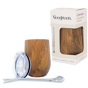 MATE CUP effet bois, Kit Calebasse, Tasse isotherme + Paille Bombilla traditionnelle + Couvercle, Gourde pour le Maté, Acier inoxydable